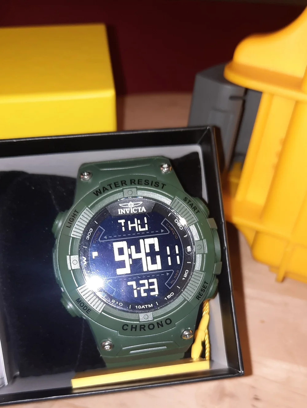Invicta Olive Green Digital Chronograph Watch With Yellow Hard Case